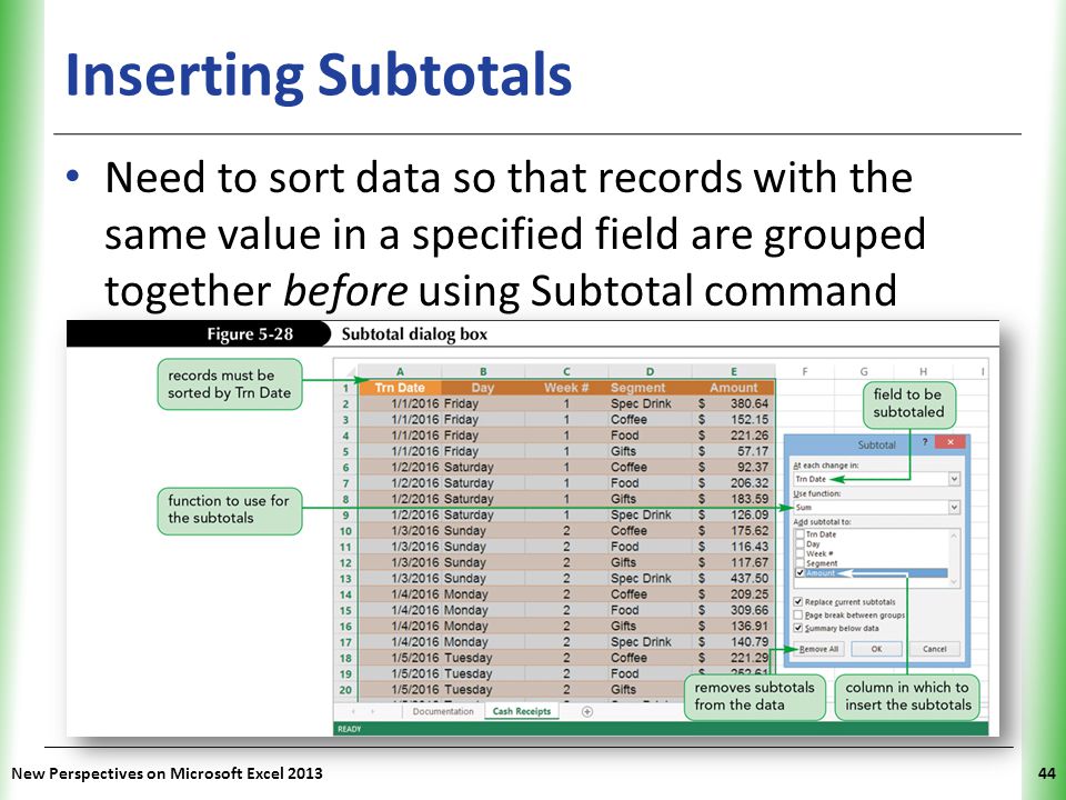 Inserting Subtotals Need to sort data so that records with the same value in a specified field are grouped together before using Subtotal command.
