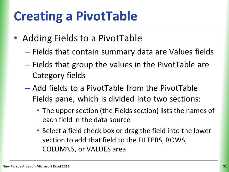 Creating a PivotTable Adding Fields to a PivotTable