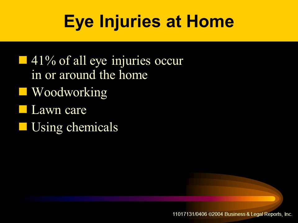 Eye Injuries at Home 41% of all eye injuries occur in or around the home. Woodworking. Lawn care.
