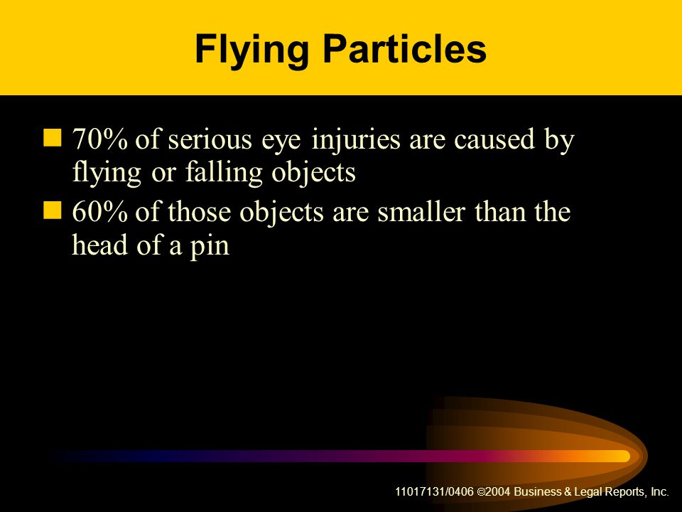 Flying Particles 70% of serious eye injuries are caused by flying or falling objects. 60% of those objects are smaller than the head of a pin.