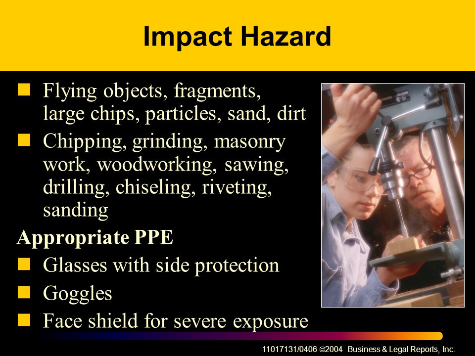 Impact Hazard Flying objects, fragments, large chips, particles, sand, dirt.