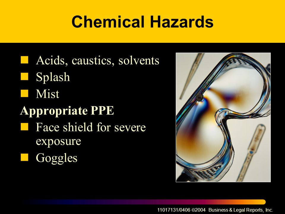 Chemical Hazards Acids, caustics, solvents Splash Mist Appropriate PPE