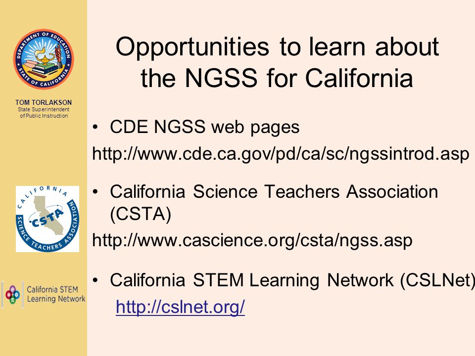 Opportunities to learn about the NGSS for California