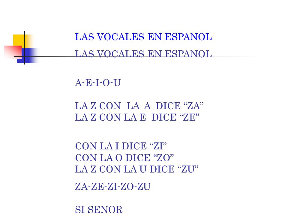 LAS VOCALES EN ESPANOL A-E-I-O-U LA Z CON LA A DICE ZA LA Z CON LA E DICE ZE CON LA I DICE ZI CON LA O DICE ZO LA Z CON LA U DICE ZU