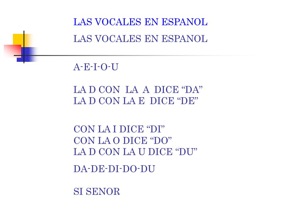 LAS VOCALES EN ESPANOL A-E-I-O-U LA D CON LA A DICE DA LA D CON LA E DICE DE CON LA I DICE DI CON LA O DICE DO LA D CON LA U DICE DU