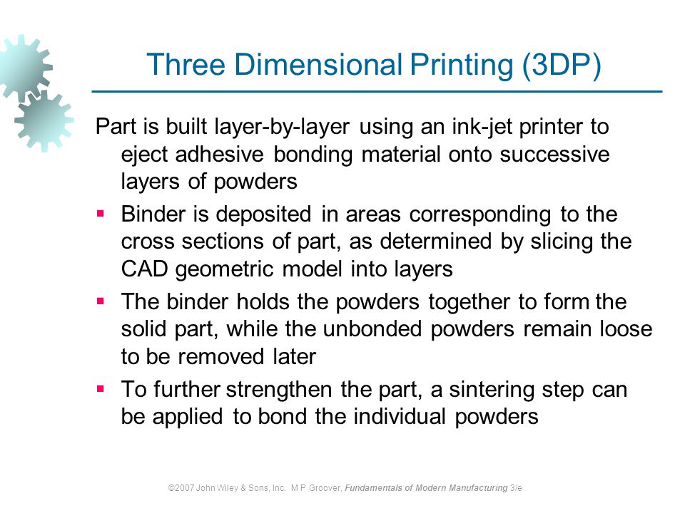 Three Dimensional Printing (3DP)