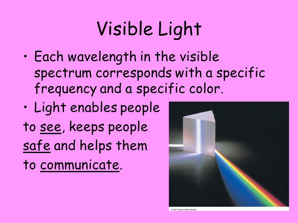 Visible Light Each wavelength in the visible spectrum corresponds with a specific frequency and a specific color.