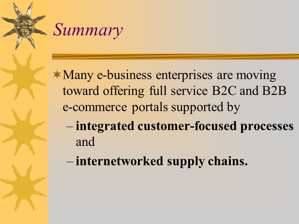 Summary Many e-business enterprises are moving toward offering full service B2C and B2B e-commerce portals supported by.
