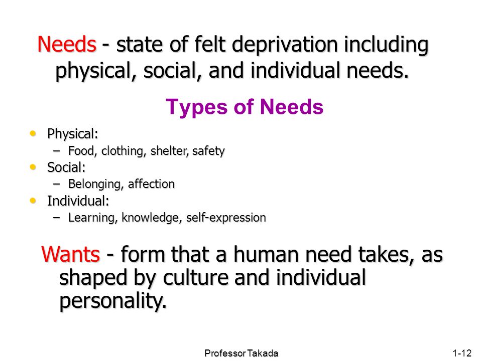 Chapter 1 Needs - state of felt deprivation including physical, social, and individual needs. Types of Needs.