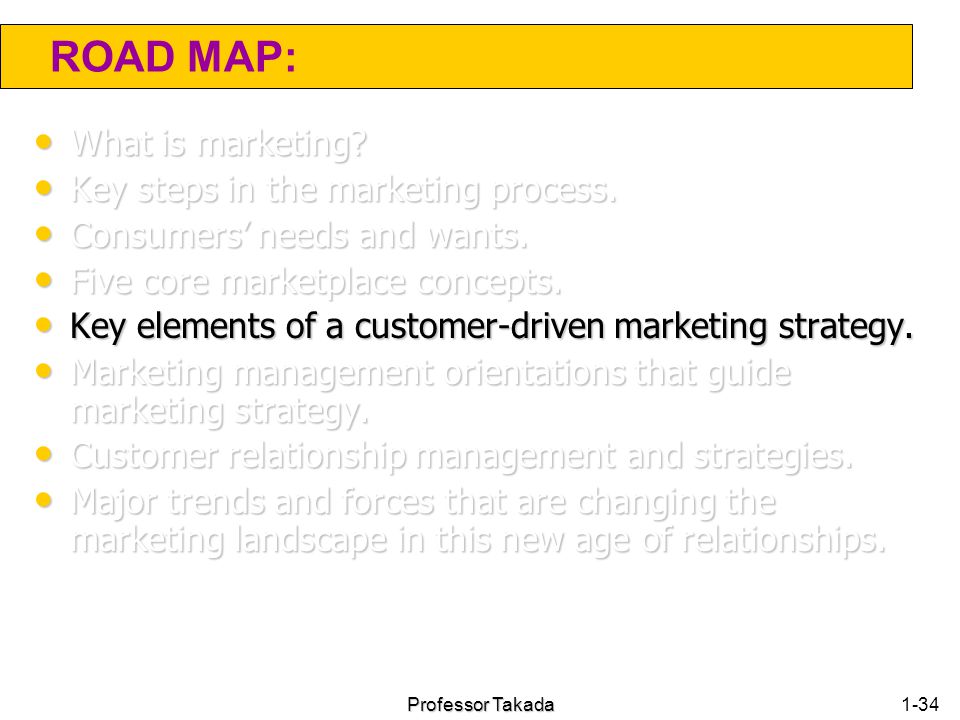 ROAD MAP: What is marketing Key steps in the marketing process.