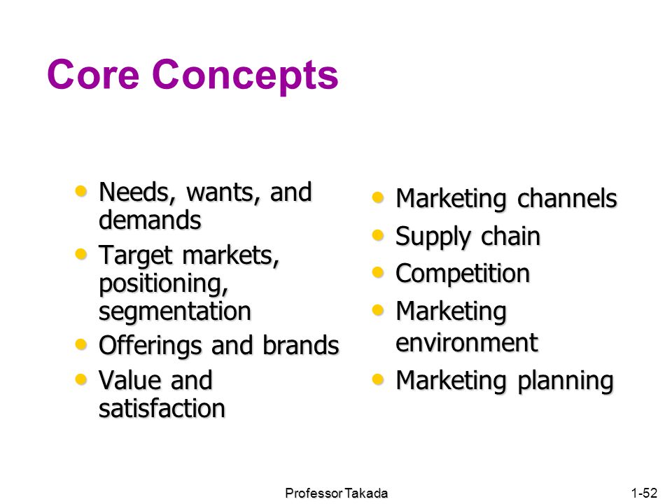 Core Concepts Needs, wants, and demands Marketing channels