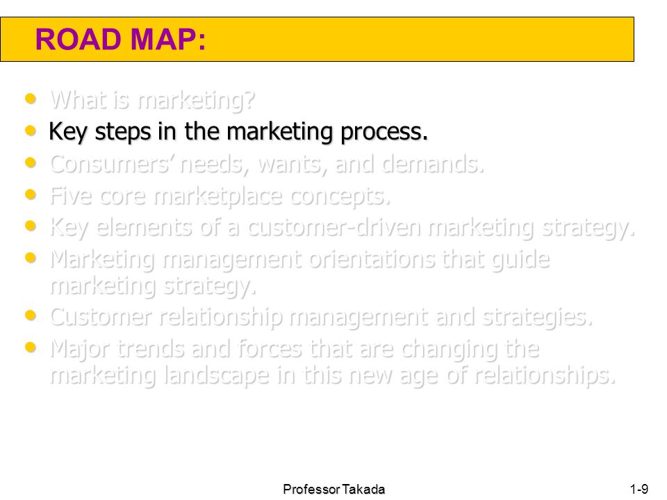 ROAD MAP: What is marketing Key steps in the marketing process.
