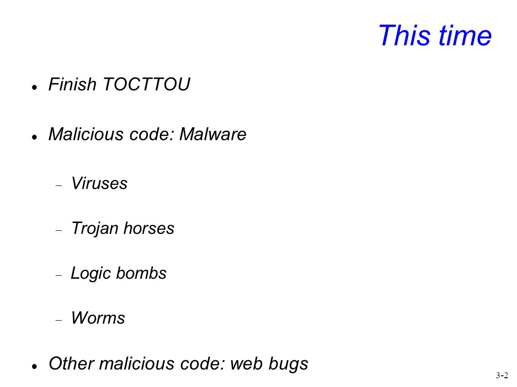 This time Finish TOCTTOU Malicious code: Malware