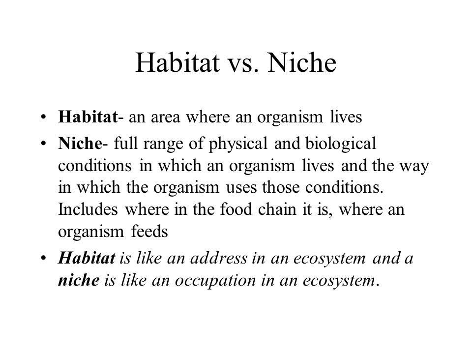 Habitat vs. Niche Habitat- an area where an organism lives