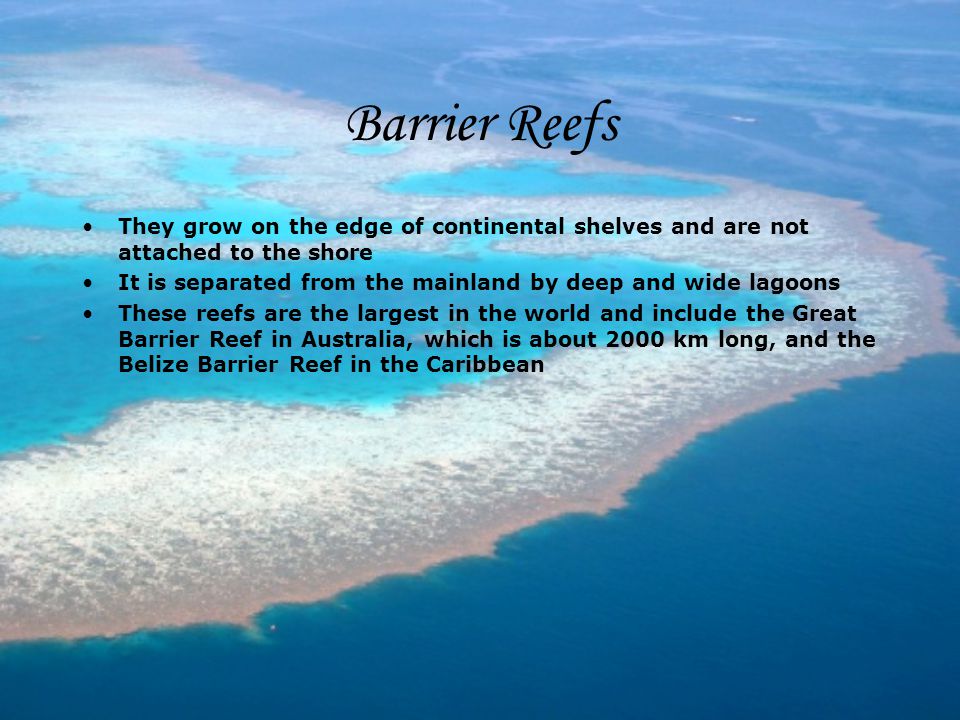 Barrier Reefs They grow on the edge of continental shelves and are not attached to the shore.