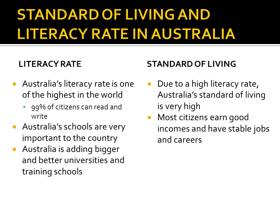 STANDARD OF LIVING AND LITERACY RATE IN AUSTRALIA