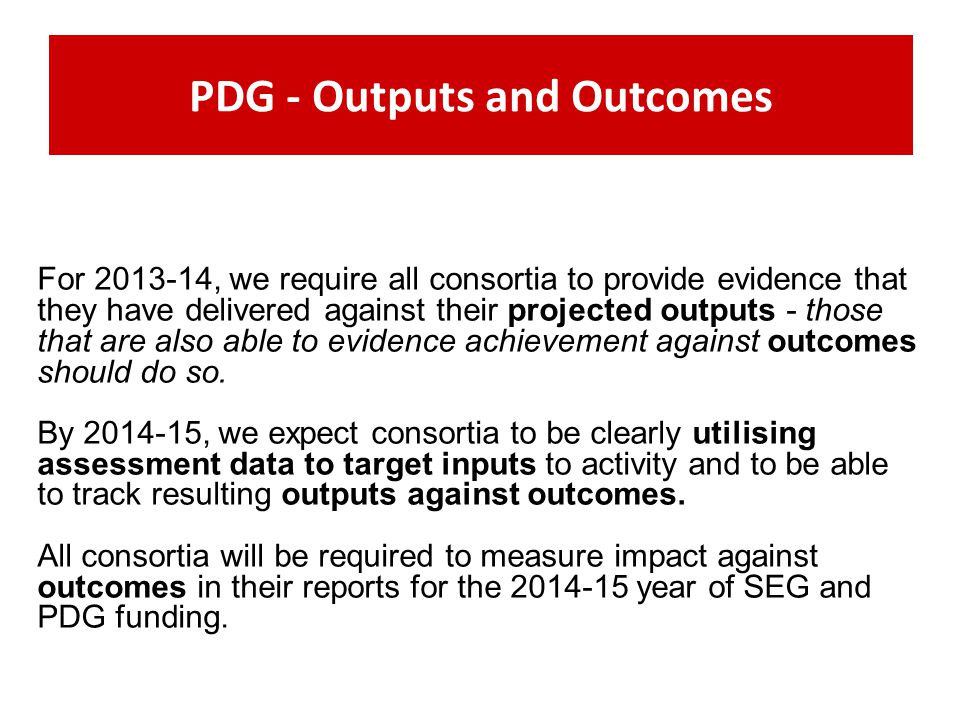 PDG - Outputs and Outcomes