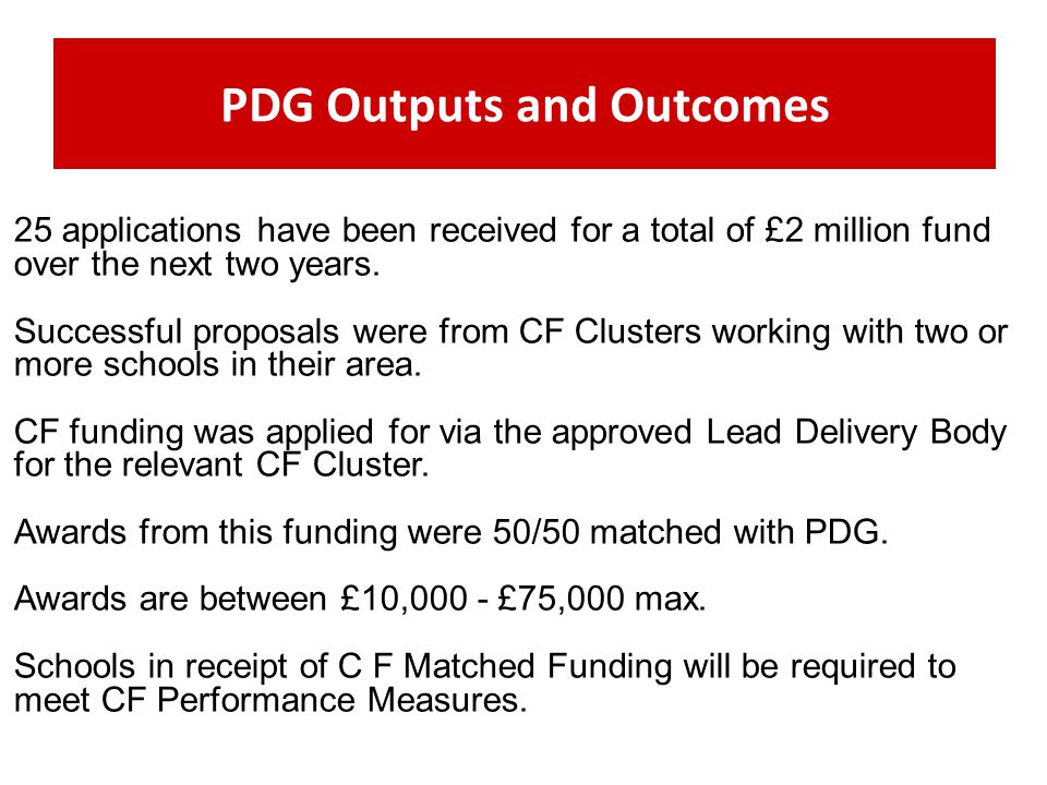 PDG Outputs and Outcomes