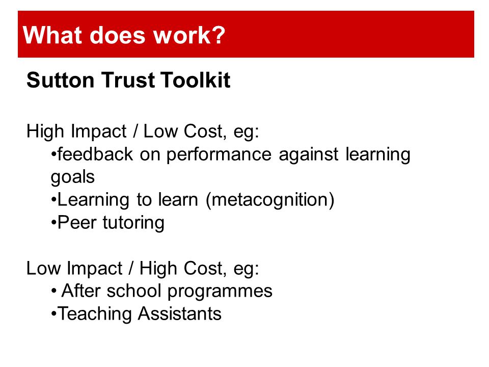 What does work Sutton Trust Toolkit High Impact / Low Cost, eg: