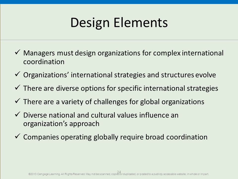 Design Elements Managers must design organizations for complex international coordination.