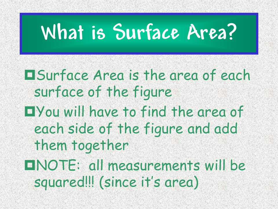 What is Surface Area Surface Area is the area of each surface of the figure.