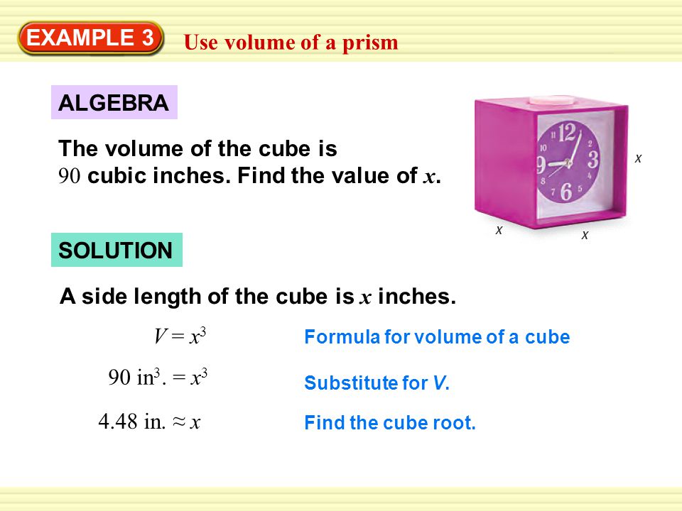 The volume of the cube is 90 cubic inches. Find the value of x.