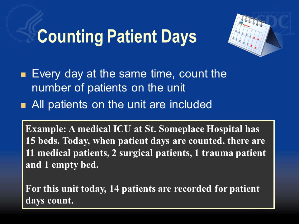 Counting Patient Days Every day at the same time, count the number of patients on the unit. All patients on the unit are included.