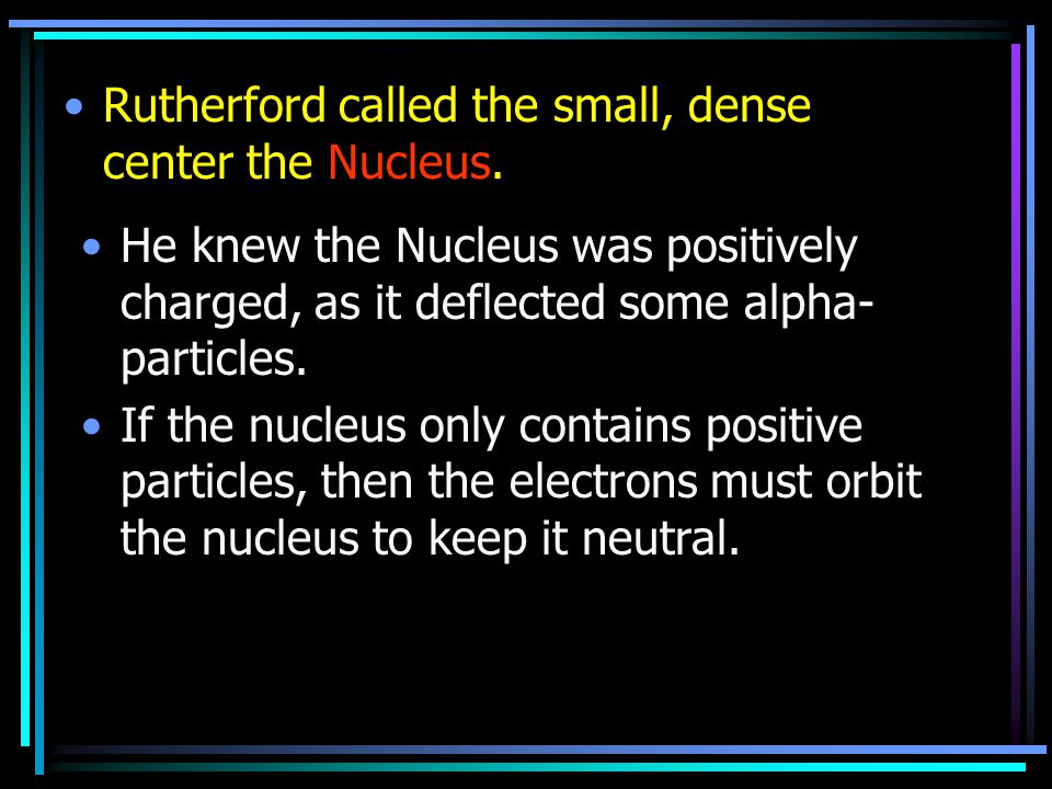 Rutherford called the small, dense center the Nucleus.