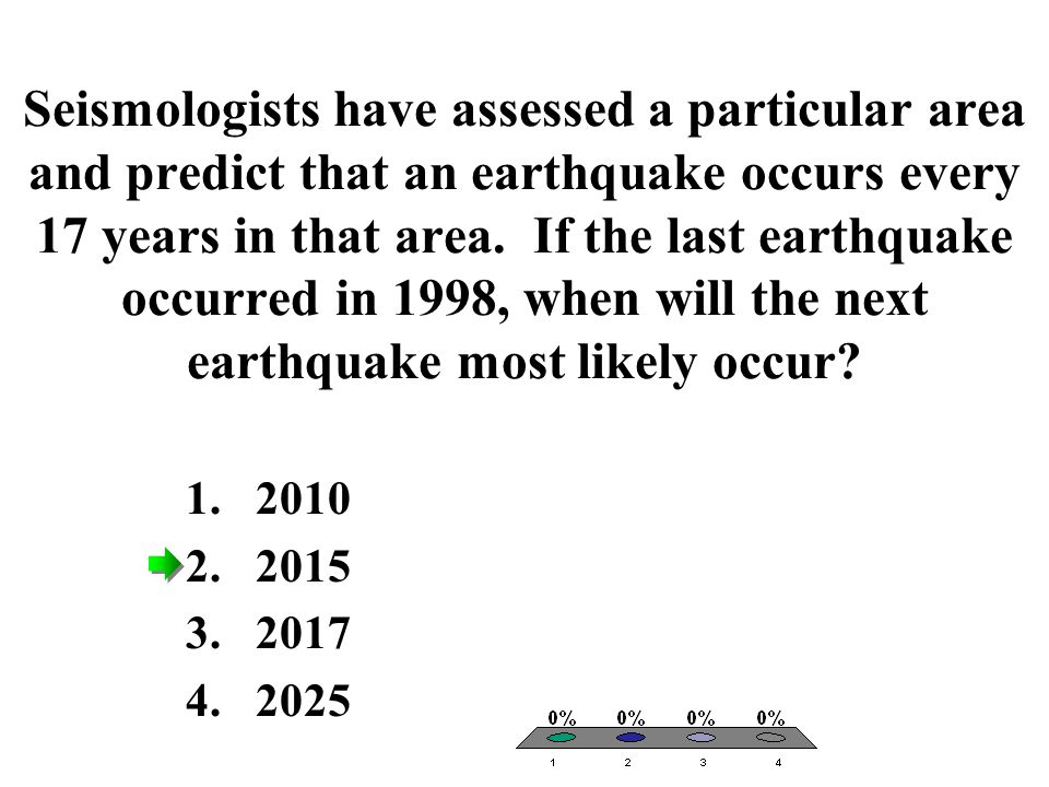 Seismologists have assessed a particular area and predict that an earthquake occurs every 17 years in that area. If the last earthquake occurred in 1998, when will the next earthquake most likely occur