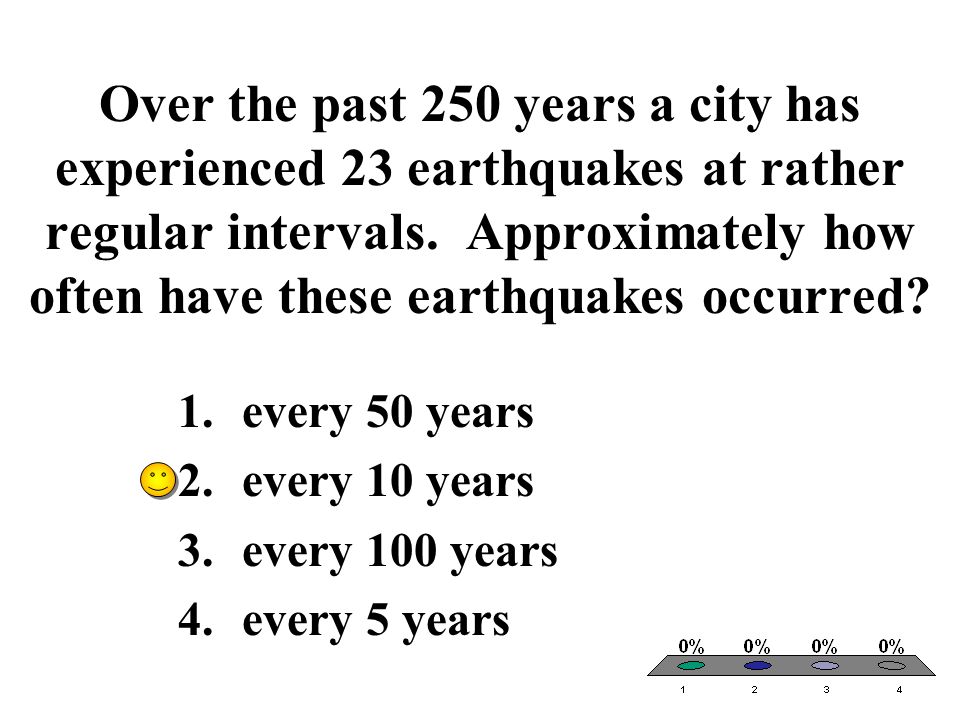 Over the past 250 years a city has experienced 23 earthquakes at rather regular intervals. Approximately how often have these earthquakes occurred