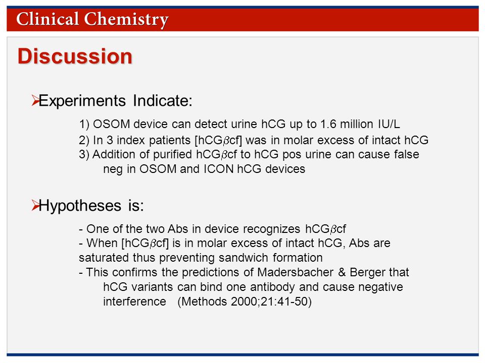 Discussion Experiments Indicate: 1) OSOM device can detect urine hCG up to 1.6 million IU/L.