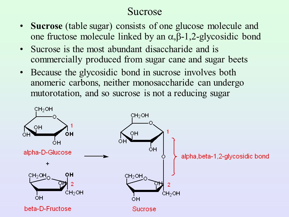Sucrose Sucrose (table sugar) consists of one glucose molecule and one fructose molecule linked by an ,-1,2-glycosidic bond.