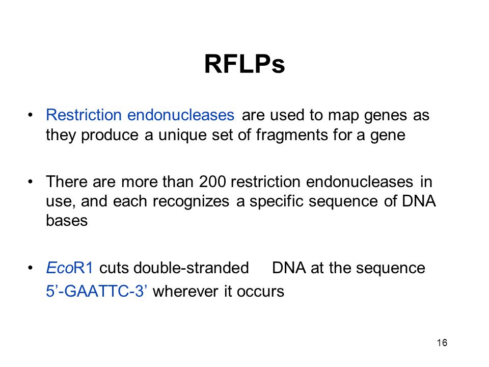 RFLPs Restriction endonucleases are used to map genes as they produce a unique set of fragments for a gene.
