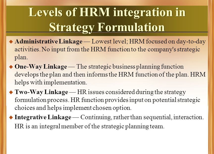 Levels of HRM integration in Strategy Formulation