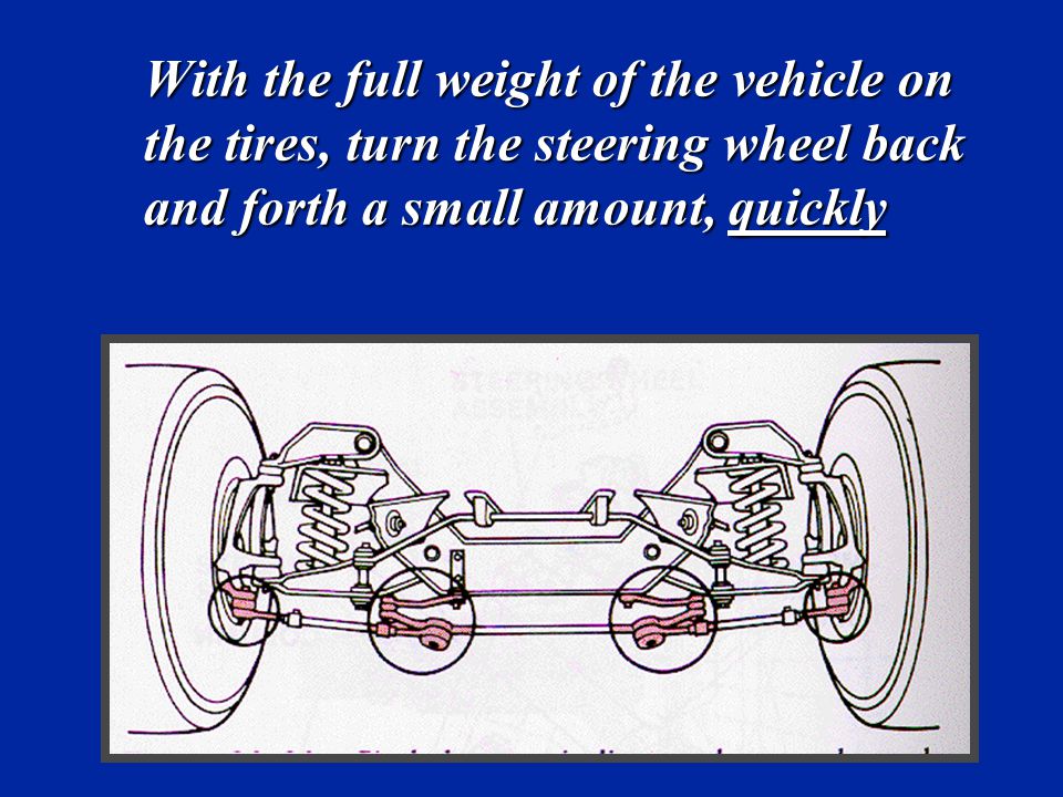 With the full weight of the vehicle on the tires, turn the steering wheel back and forth a small amount, quickly