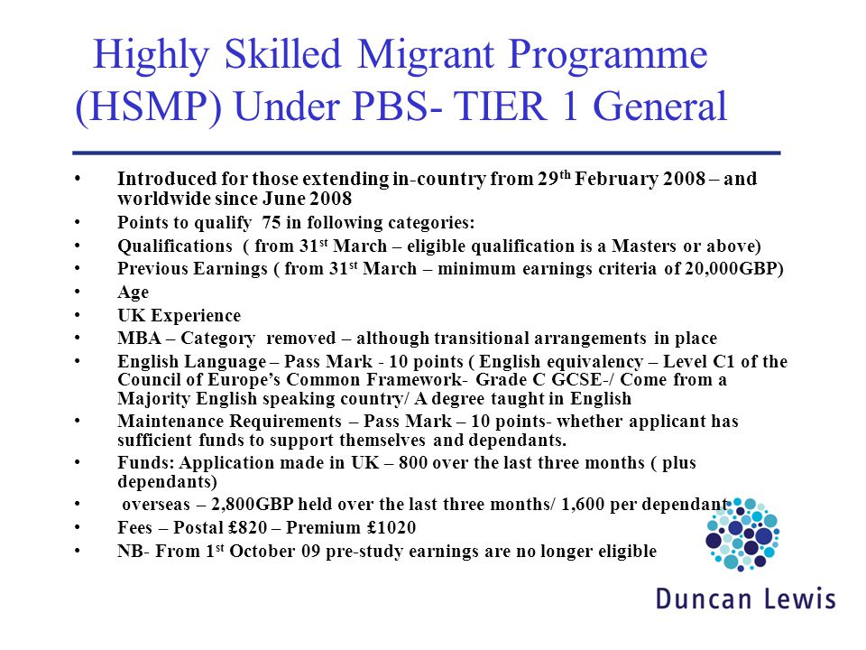 Highly Skilled Migrant Programme (HSMP) Under PBS- TIER 1 General