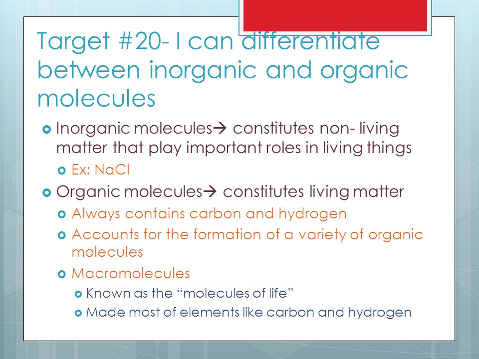 Target #20- I can differentiate between inorganic and organic molecules