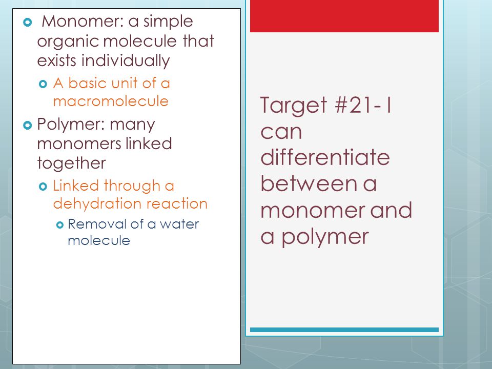 Target #21- I can differentiate between a monomer and a polymer