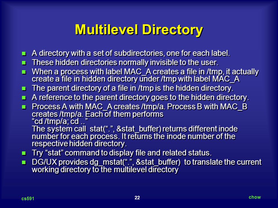 Multilevel Directory A directory with a set of subdirectories, one for each label. These hidden directories normally invisible to the user.