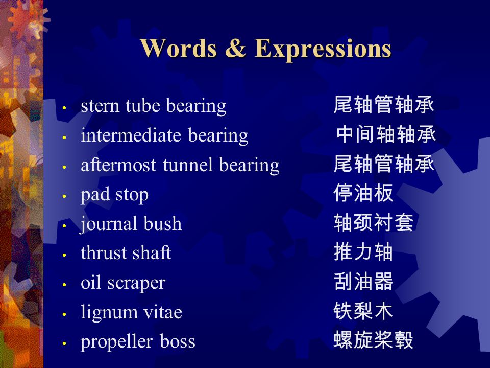 Words & Expressions stern tube bearing 尾轴管轴承