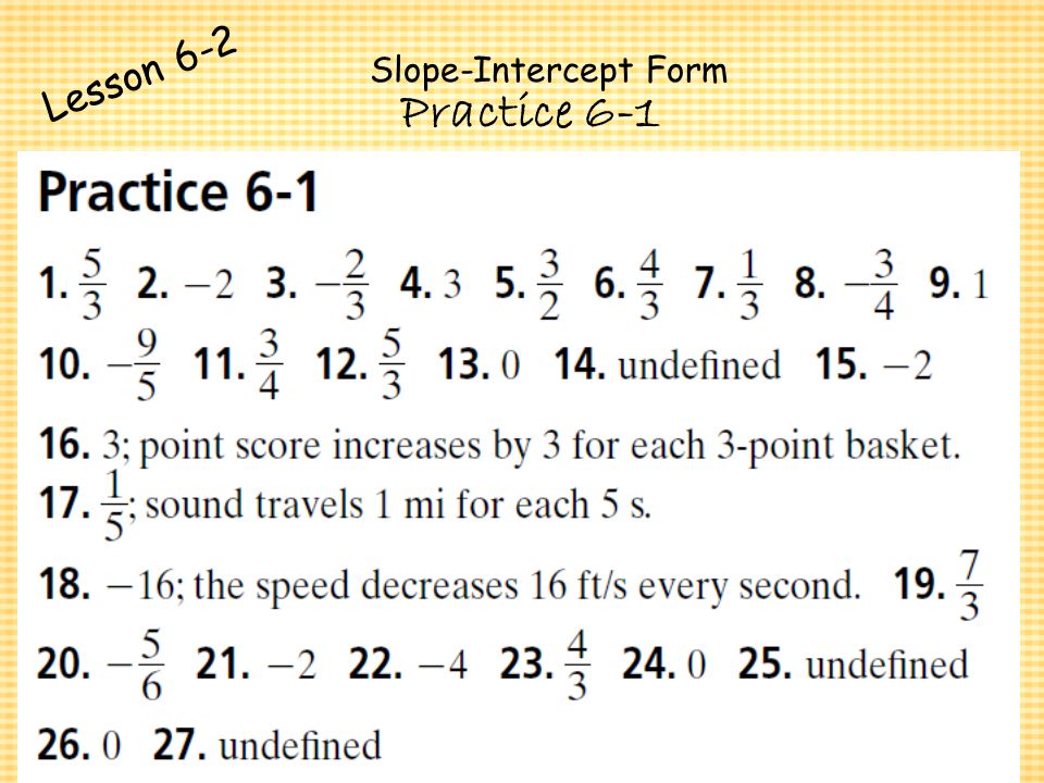 Slope-Intercept Form Lesson 6-2 Practice 6-1