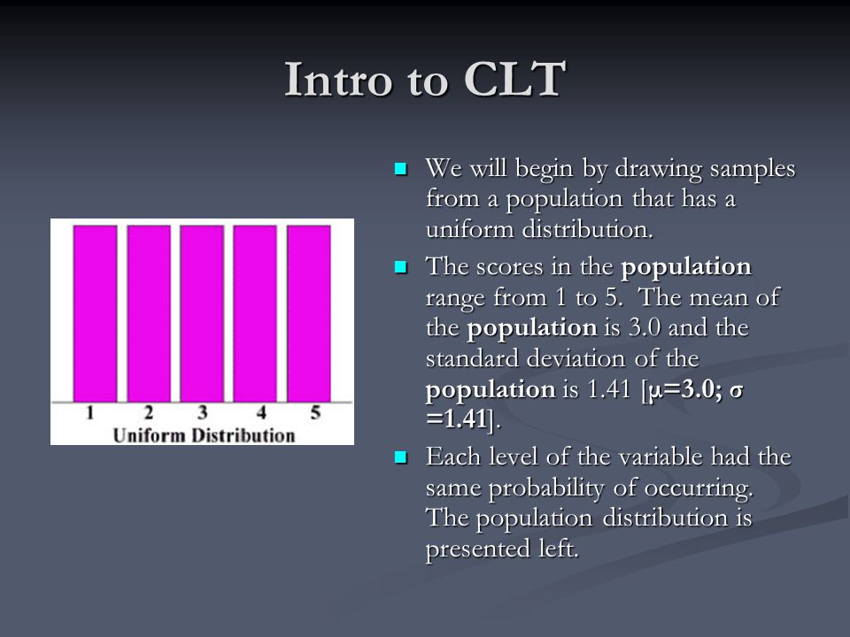 Intro to CLT We will begin by drawing samples from a population that has a uniform distribution.