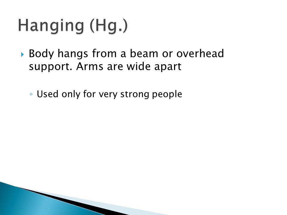 Hanging (Hg.) Body hangs from a beam or overhead support.