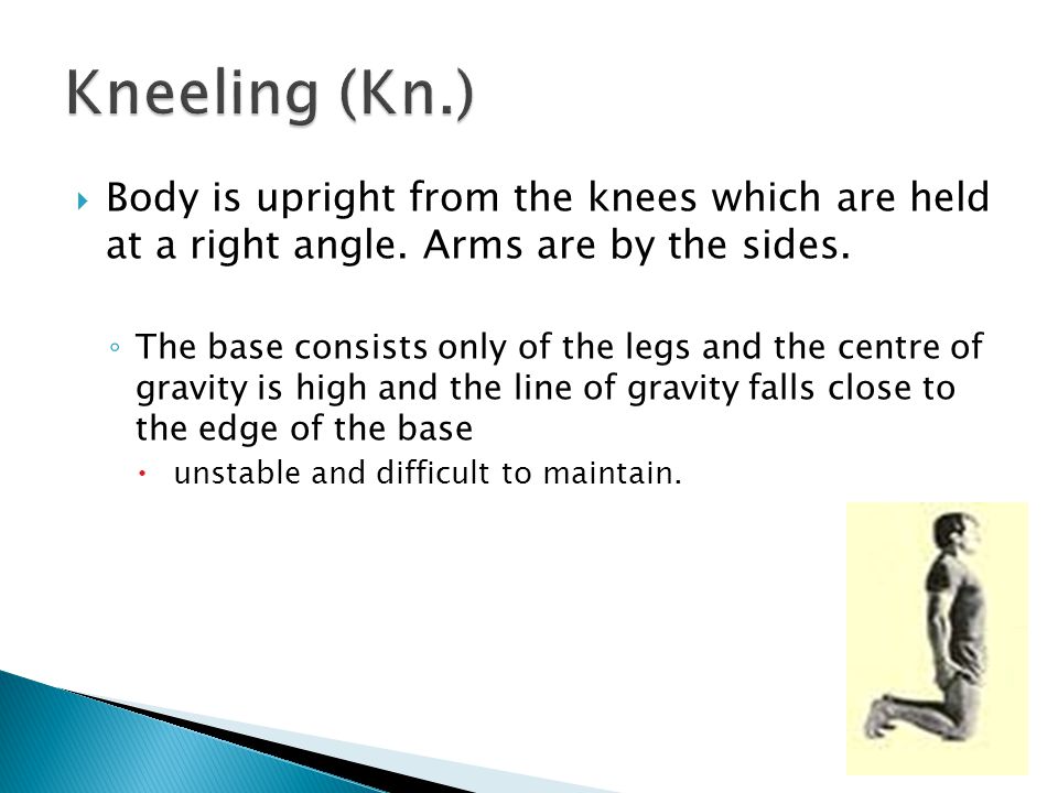 Kneeling (Kn.) Body is upright from the knees which are held at a right angle. Arms are by the sides.