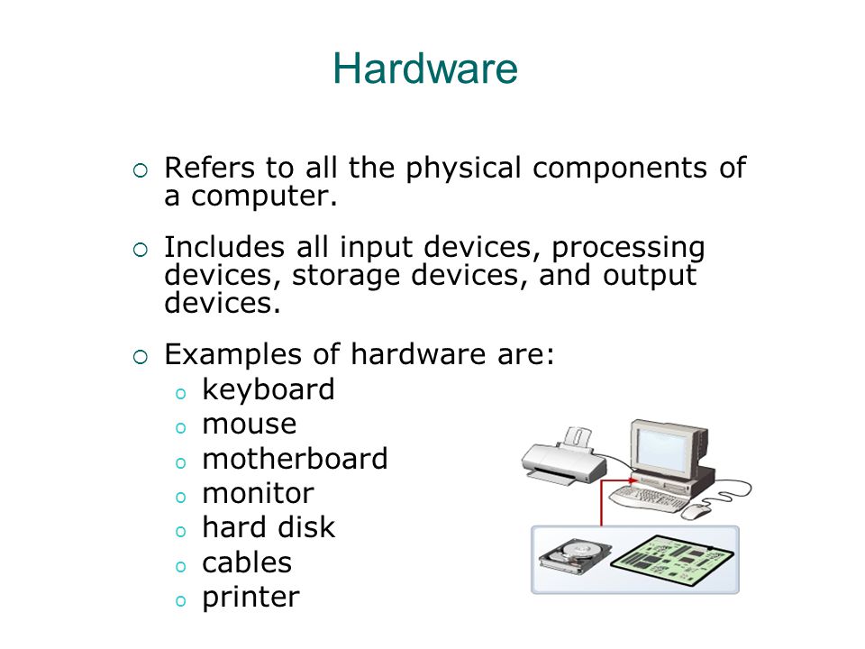 Hardware Refers to all the physical components of a computer.