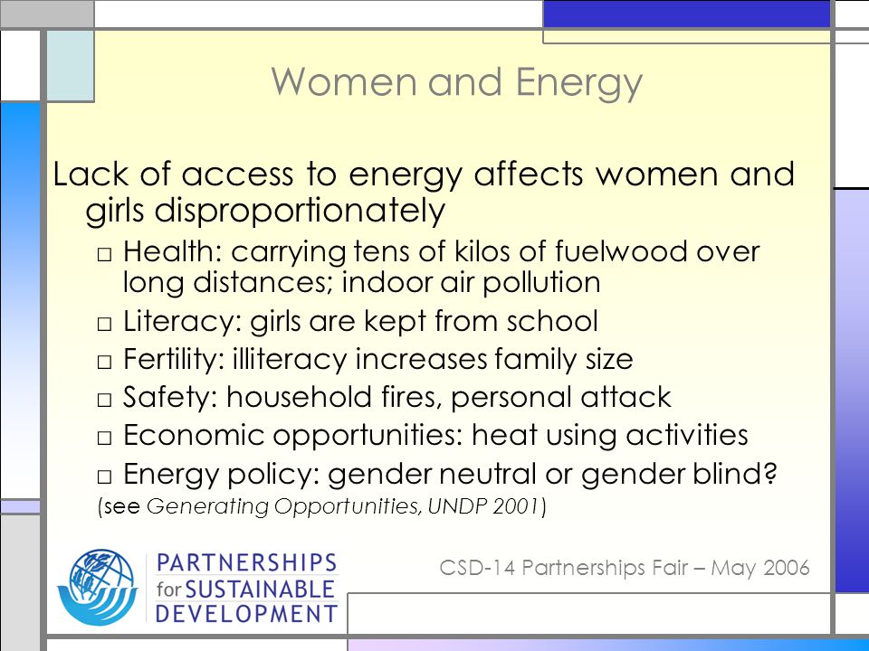 Women and Energy Lack of access to energy affects women and girls disproportionately.
