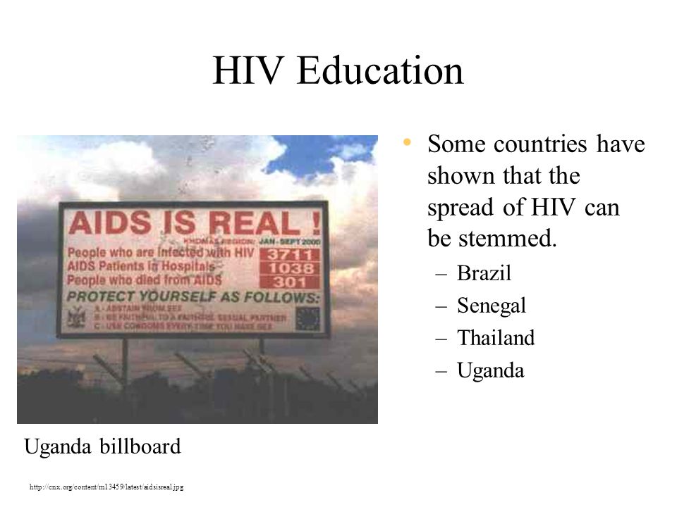 HIV Education Some countries have shown that the spread of HIV can be stemmed. Brazil. Senegal. Thailand.
