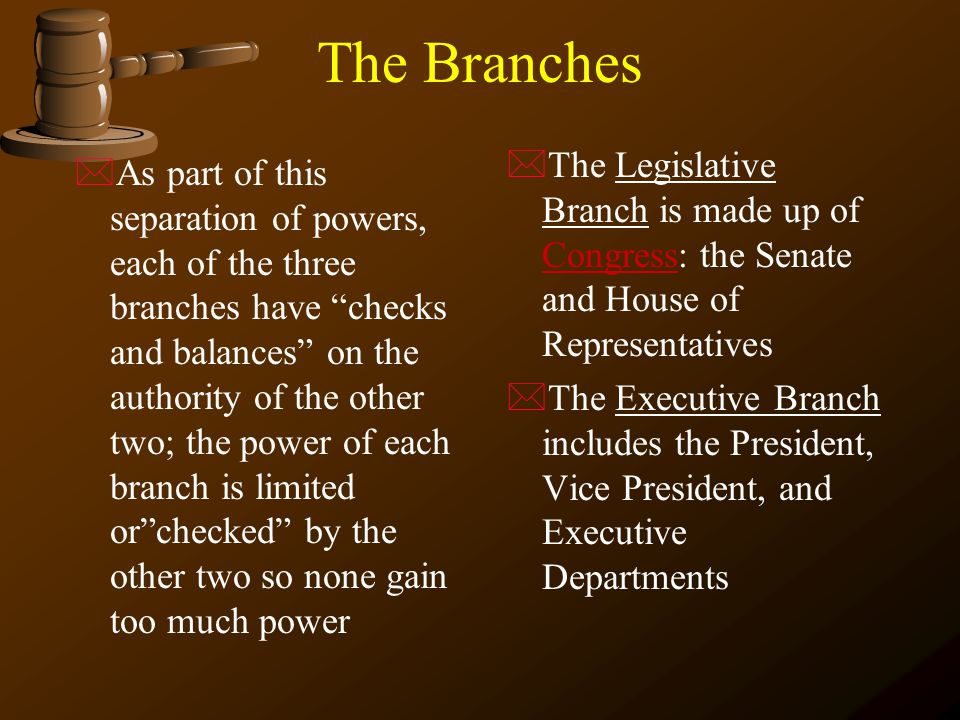 The Branches The Legislative Branch is made up of Congress: the Senate and House of Representatives.