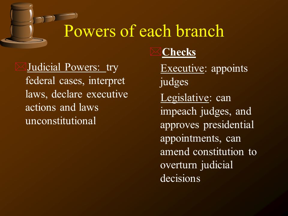 Powers of each branch Checks Executive: appoints judges