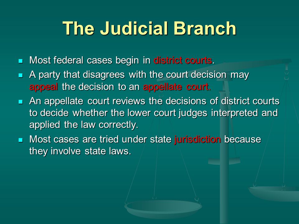 The Judicial Branch Most federal cases begin in district courts.